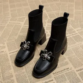 Joskaa Autumn Women Knit Ankle Boots Fashion Metal Decoration Slimming Short Booties Autumn Winter Female Thick Heel Shoes