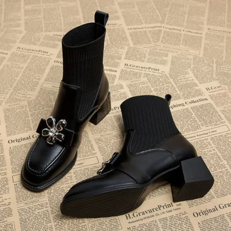 Joskaa Autumn Women Knit Ankle Boots Fashion Metal Decoration Slimming Short Booties Autumn Winter Female Thick Heel Shoes