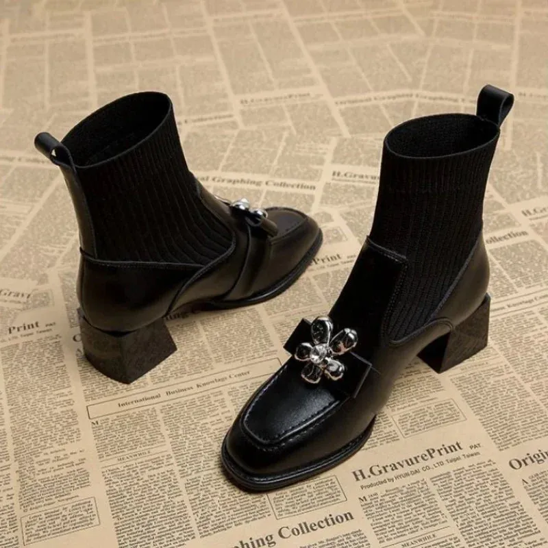 Joskaa Autumn Women Knit Ankle Boots Fashion Metal Decoration Slimming Short Booties Autumn Winter Female Thick Heel Shoes