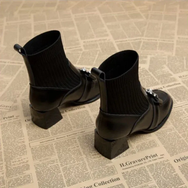 Joskaa Autumn Women Knit Ankle Boots Fashion Metal Decoration Slimming Short Booties Autumn Winter Female Thick Heel Shoes