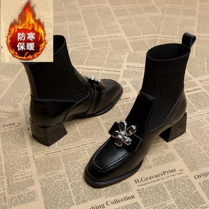 Joskaa Autumn Women Knit Ankle Boots Fashion Metal Decoration Slimming Short Booties Autumn Winter Female Thick Heel Shoes