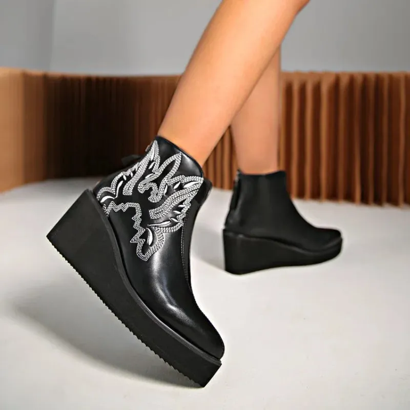Joskaa Embroidery Botas Mujer Leather PU Cowboy Ankle Boots for Women's Wedge High Heel Boots Snake Print Western Cowgirl Boots Autumn