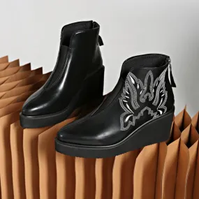 Joskaa Embroidery Botas Mujer Leather PU Cowboy Ankle Boots for Women's Wedge High Heel Boots Snake Print Western Cowgirl Boots Autumn