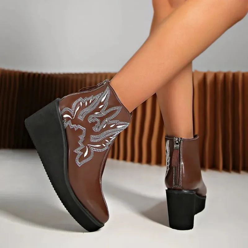 Joskaa Embroidery Botas Mujer Leather PU Cowboy Ankle Boots for Women's Wedge High Heel Boots Snake Print Western Cowgirl Boots Autumn