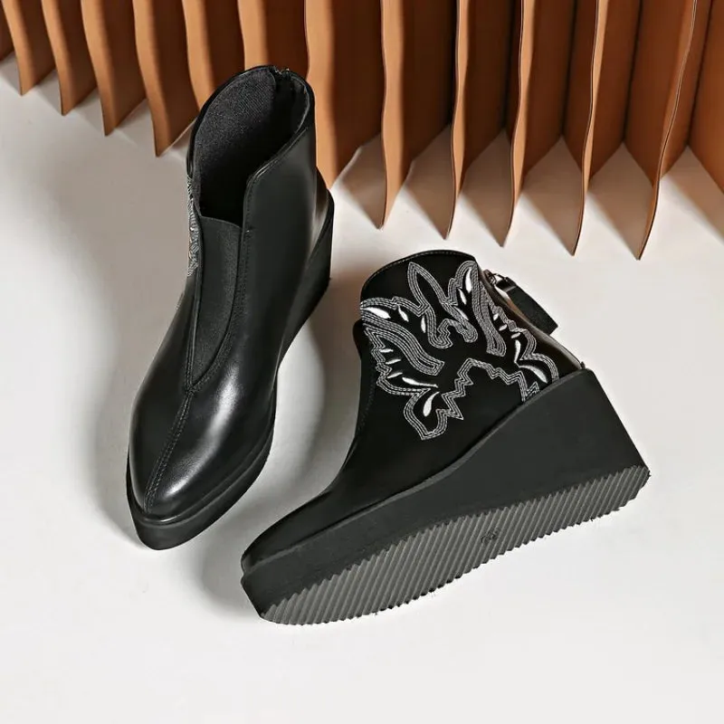 Joskaa Embroidery Botas Mujer Leather PU Cowboy Ankle Boots for Women's Wedge High Heel Boots Snake Print Western Cowgirl Boots Autumn