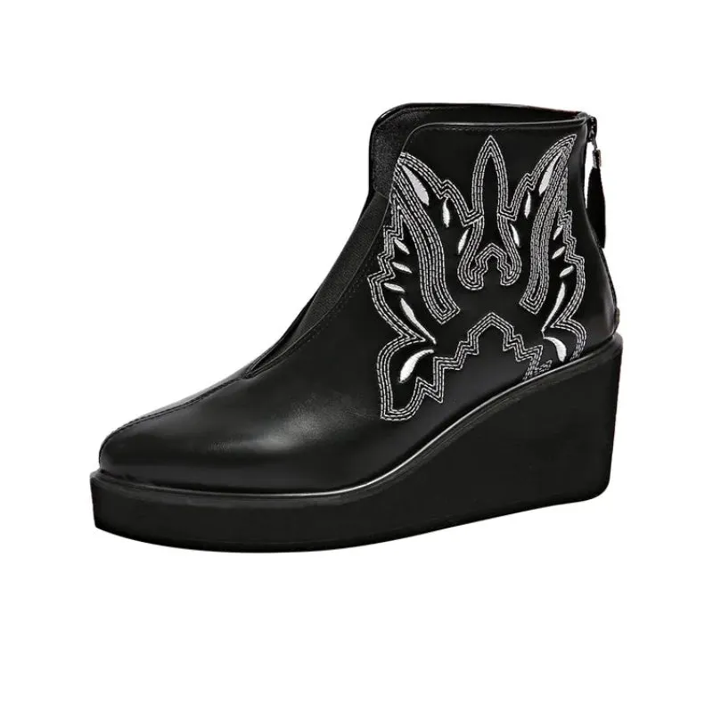 Joskaa Embroidery Botas Mujer Leather PU Cowboy Ankle Boots for Women's Wedge High Heel Boots Snake Print Western Cowgirl Boots Autumn