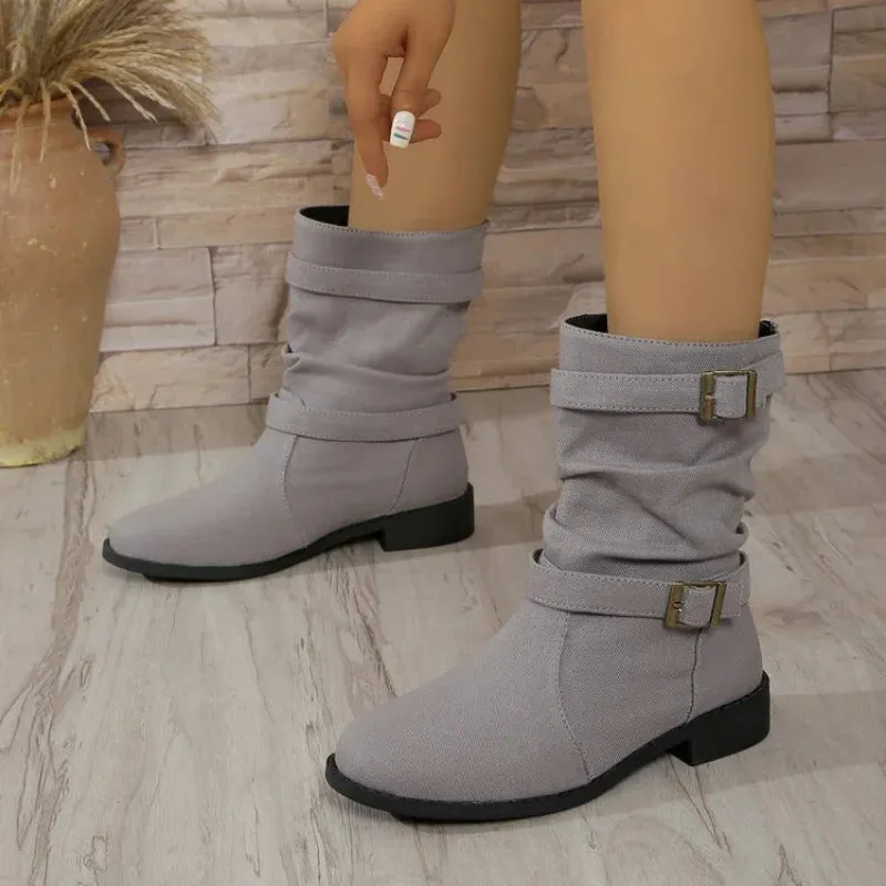Joskaa Plus Size 43 Women Boots European and American Fashion Buckle Pleated Short Boots Autumn and Winter New Flat Boots Women Shoes
