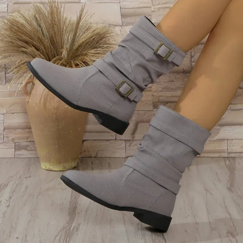 Joskaa Plus Size 43 Women Boots European and American Fashion Buckle Pleated Short Boots Autumn and Winter New Flat Boots Women Shoes