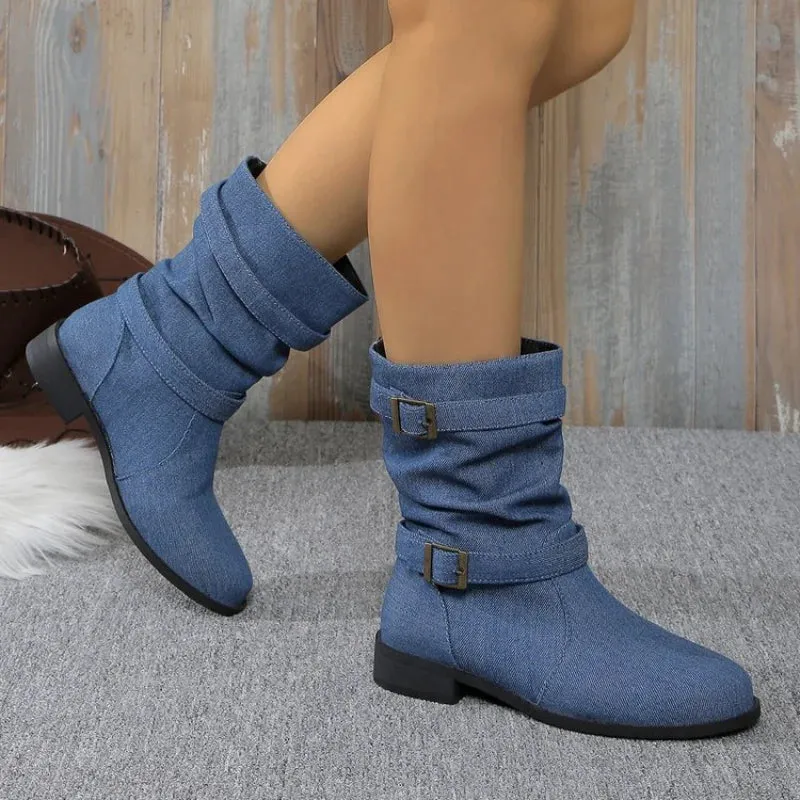 Joskaa Plus Size 43 Women Boots European and American Fashion Buckle Pleated Short Boots Autumn and Winter New Flat Boots Women Shoes
