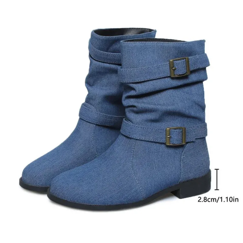 Joskaa Plus Size 43 Women Boots European and American Fashion Buckle Pleated Short Boots Autumn and Winter New Flat Boots Women Shoes