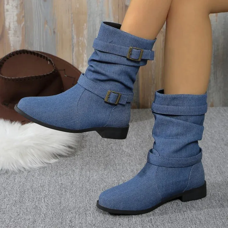 Joskaa Plus Size 43 Women Boots European and American Fashion Buckle Pleated Short Boots Autumn and Winter New Flat Boots Women Shoes