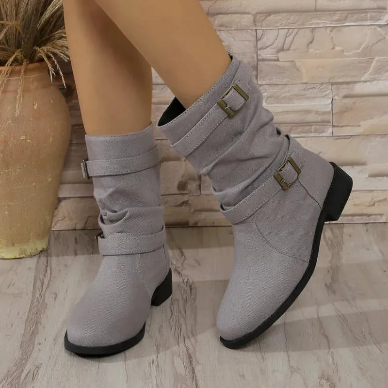 Joskaa Plus Size 43 Women Boots European and American Fashion Buckle Pleated Short Boots Autumn and Winter New Flat Boots Women Shoes