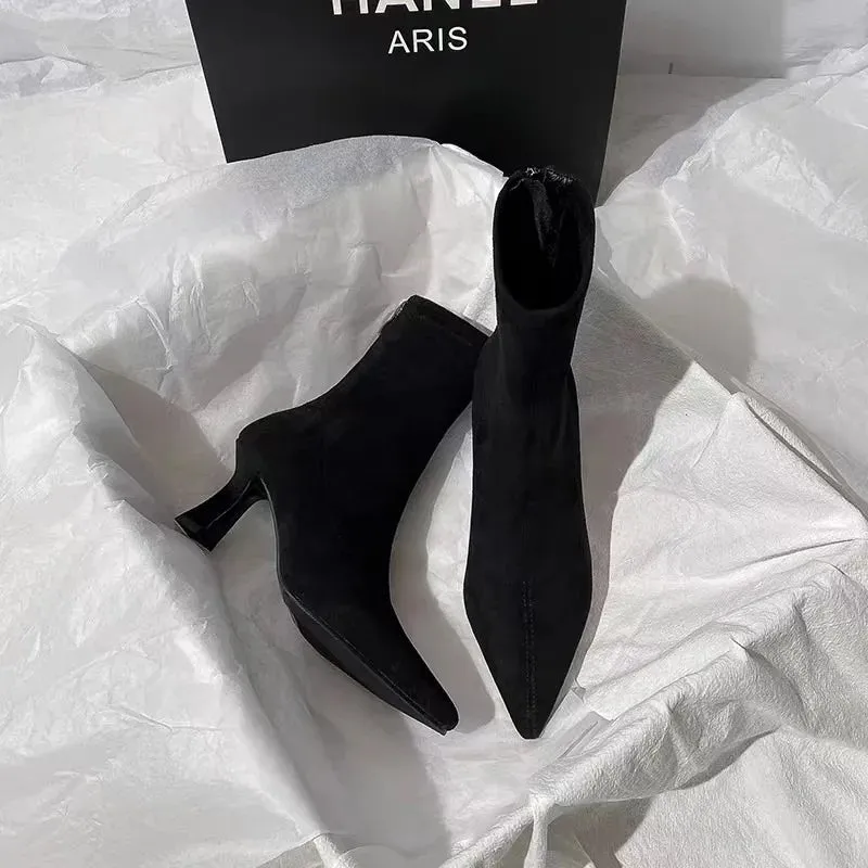 Joskaa Winter Women Stretch Cloth Ankle Boots Sexy Pointed Toe Short Booties Shoes Fashion Partys High Heel Socks Botas