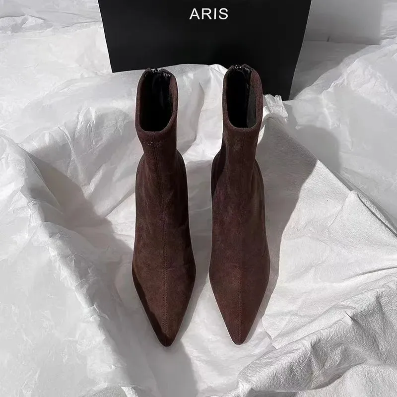 Joskaa Winter Women Stretch Cloth Ankle Boots Sexy Pointed Toe Short Booties Shoes Fashion Partys High Heel Socks Botas