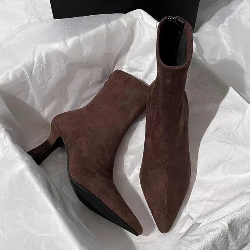 Joskaa Winter Women Stretch Cloth Ankle Boots Sexy Pointed Toe Short Booties Shoes Fashion Partys High Heel Socks Botas