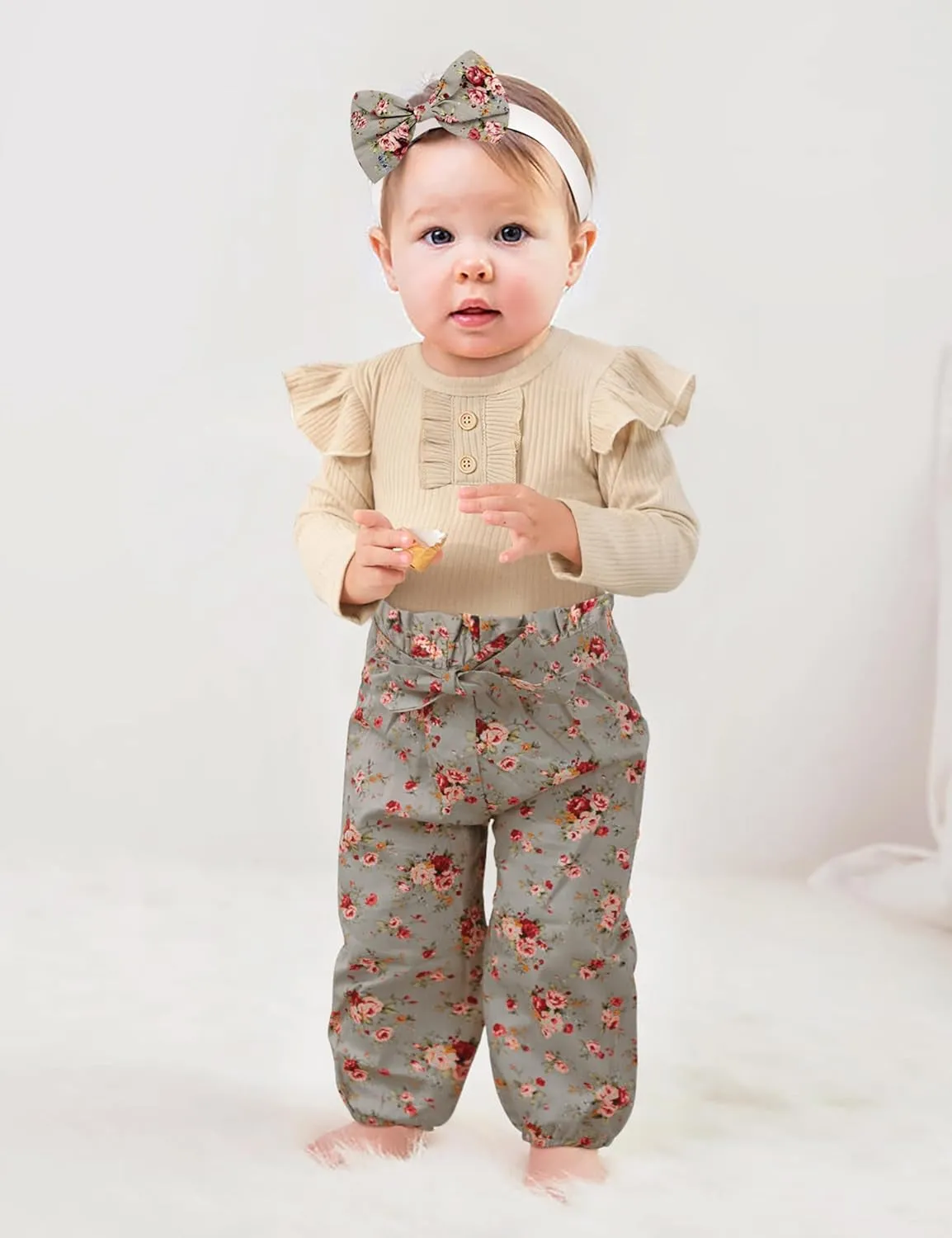 KANGKANG Newborn Baby Girl Clothes Ribbed Ruffle Sleeve Romper   Floral Pants   Headband Cute Infant Baby Girl Outfit 3Pcs