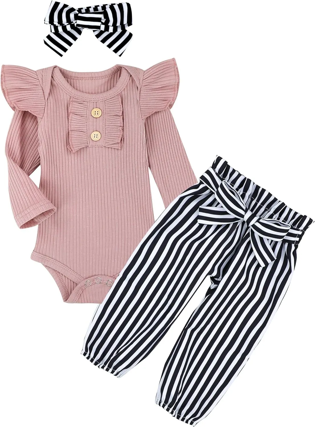 KANGKANG Newborn Baby Girl Clothes Ribbed Ruffle Sleeve Romper   Floral Pants   Headband Cute Infant Baby Girl Outfit 3Pcs