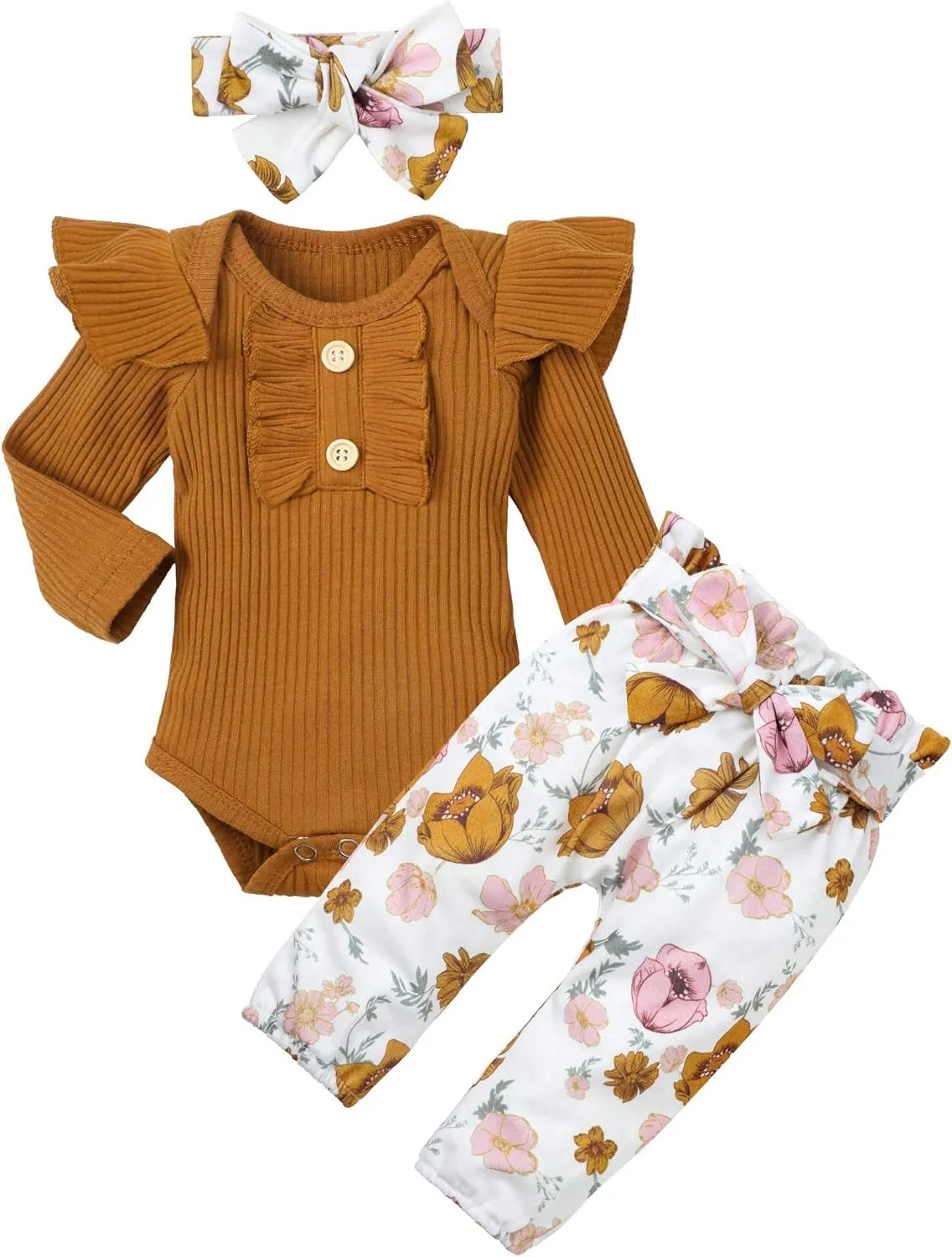KANGKANG Newborn Baby Girl Clothes Ribbed Ruffle Sleeve Romper   Floral Pants   Headband Cute Infant Baby Girl Outfit 3Pcs