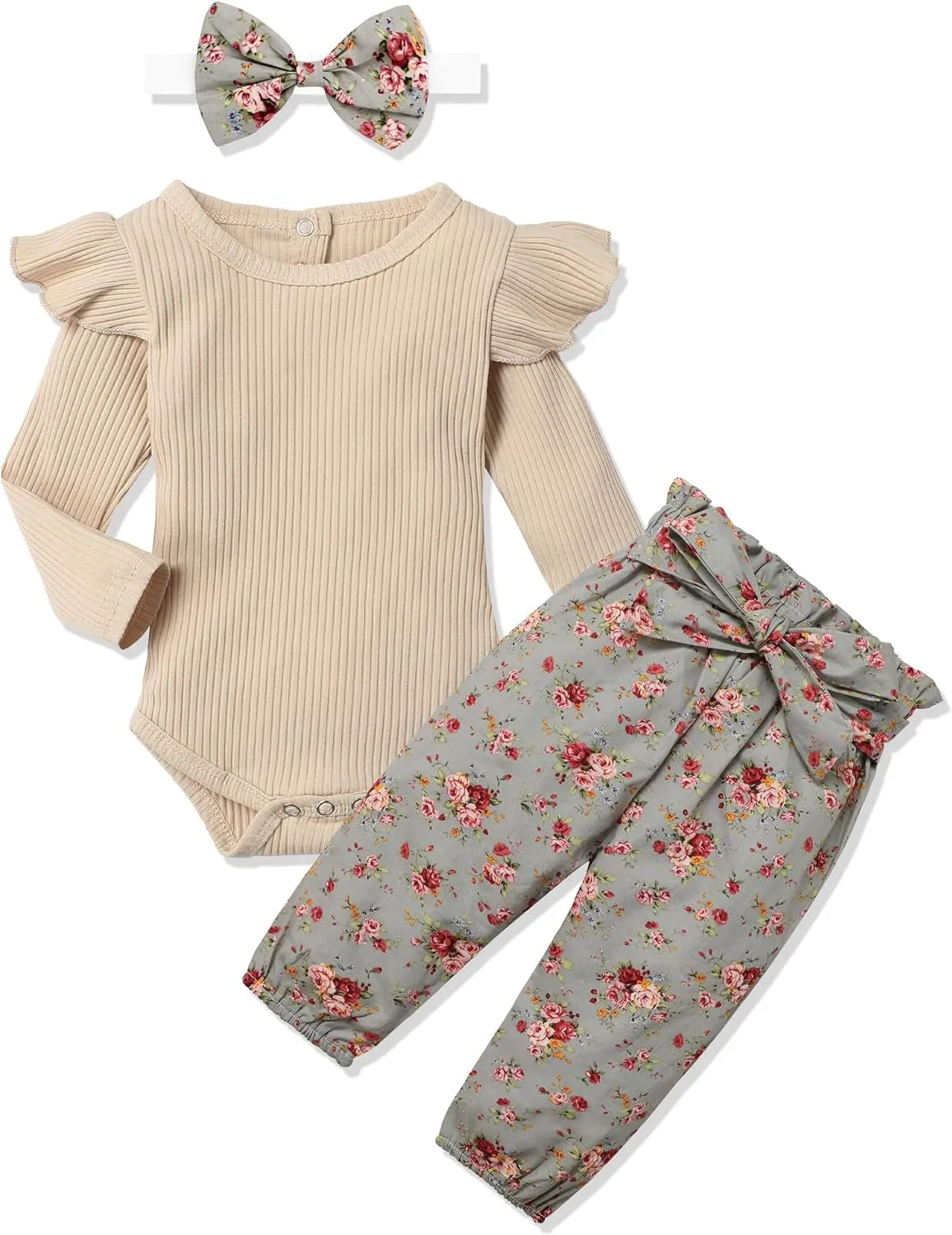 KANGKANG Newborn Baby Girl Clothes Ribbed Ruffle Sleeve Romper   Floral Pants   Headband Cute Infant Baby Girl Outfit 3Pcs
