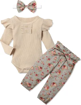 KANGKANG Newborn Baby Girl Clothes Ribbed Ruffle Sleeve Romper   Floral Pants   Headband Cute Infant Baby Girl Outfit 3Pcs