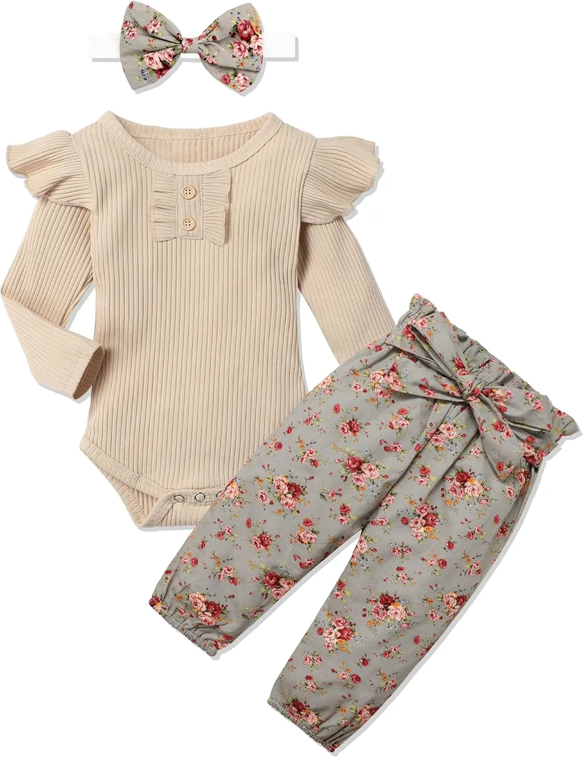 KANGKANG Newborn Baby Girl Clothes Ribbed Ruffle Sleeve Romper   Floral Pants   Headband Cute Infant Baby Girl Outfit 3Pcs