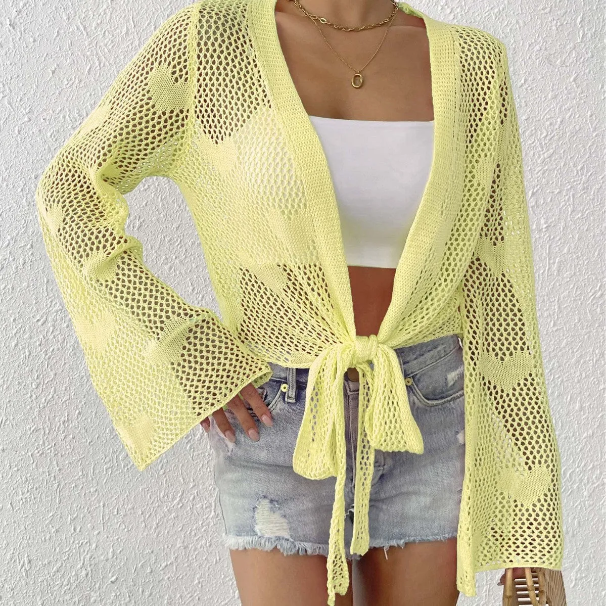 Lace-Up Bell Sleeve Cardigan