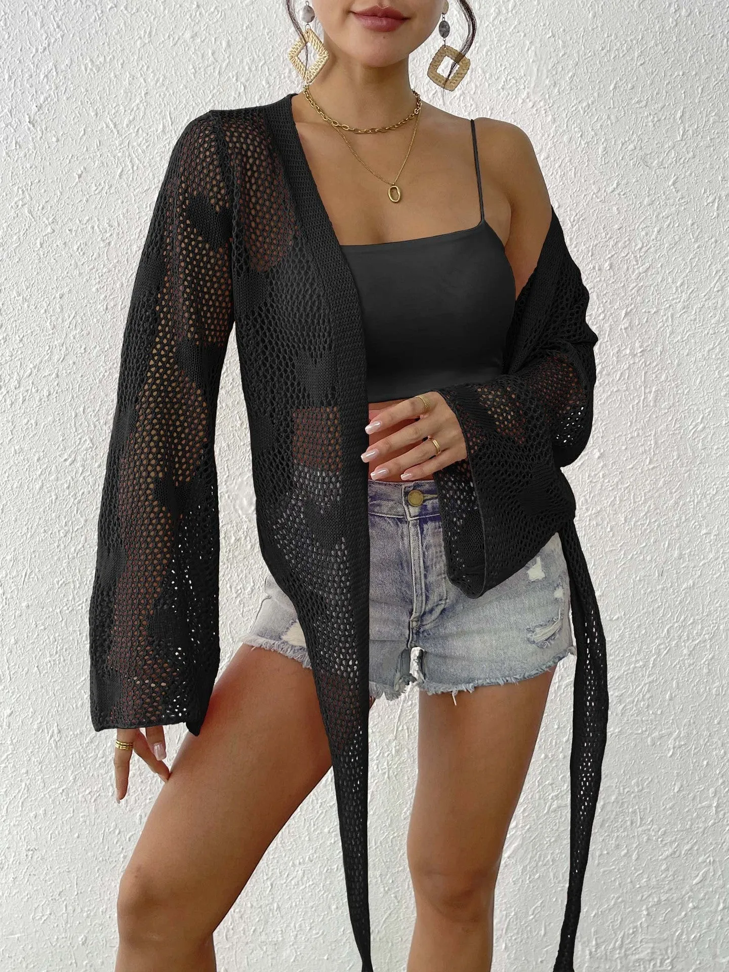 Lace-Up Bell Sleeve Cardigan