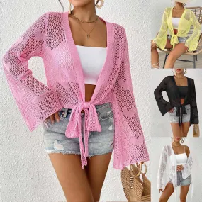 Lace-Up Bell Sleeve Cardigan