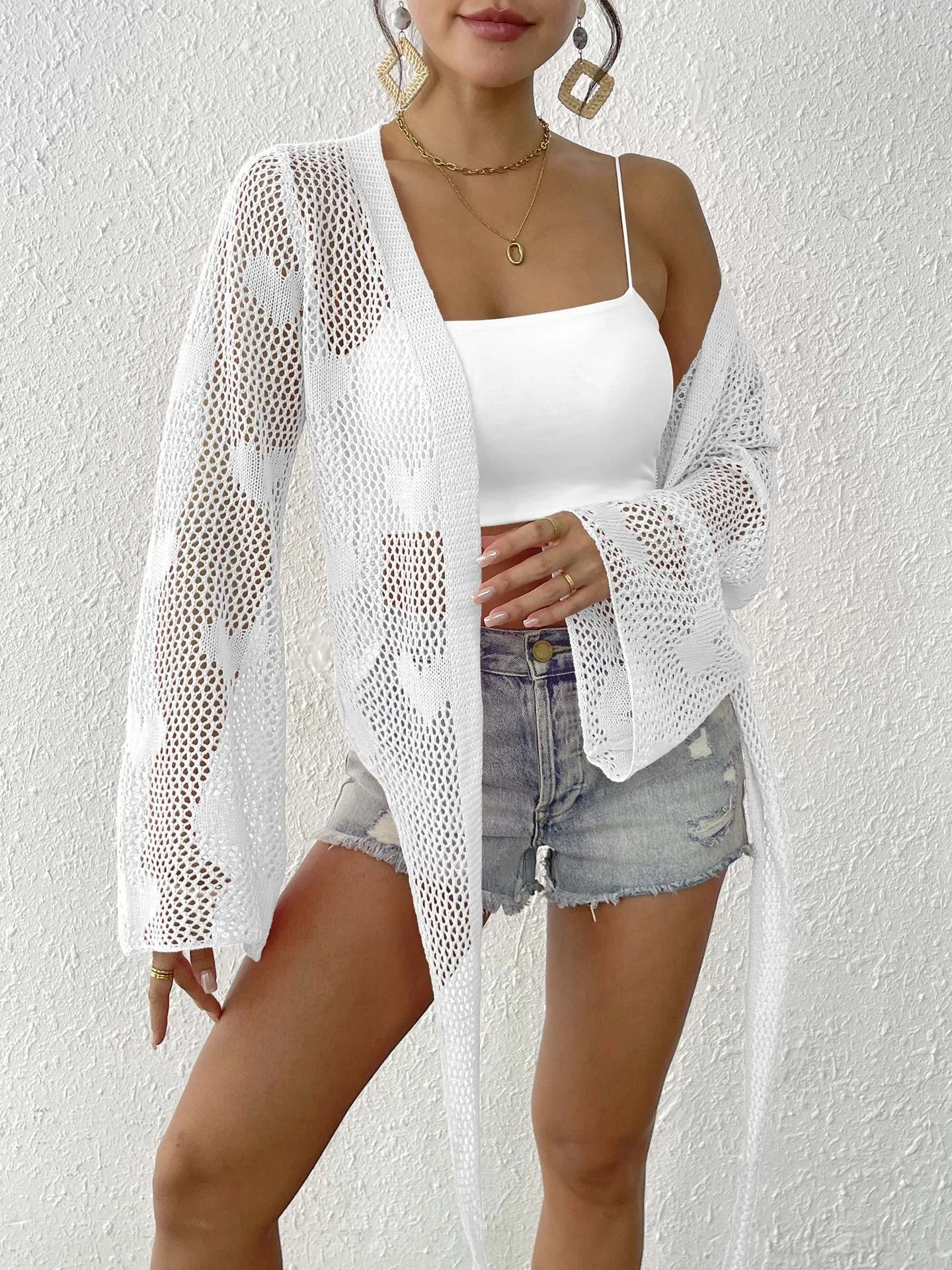Lace-Up Bell Sleeve Cardigan