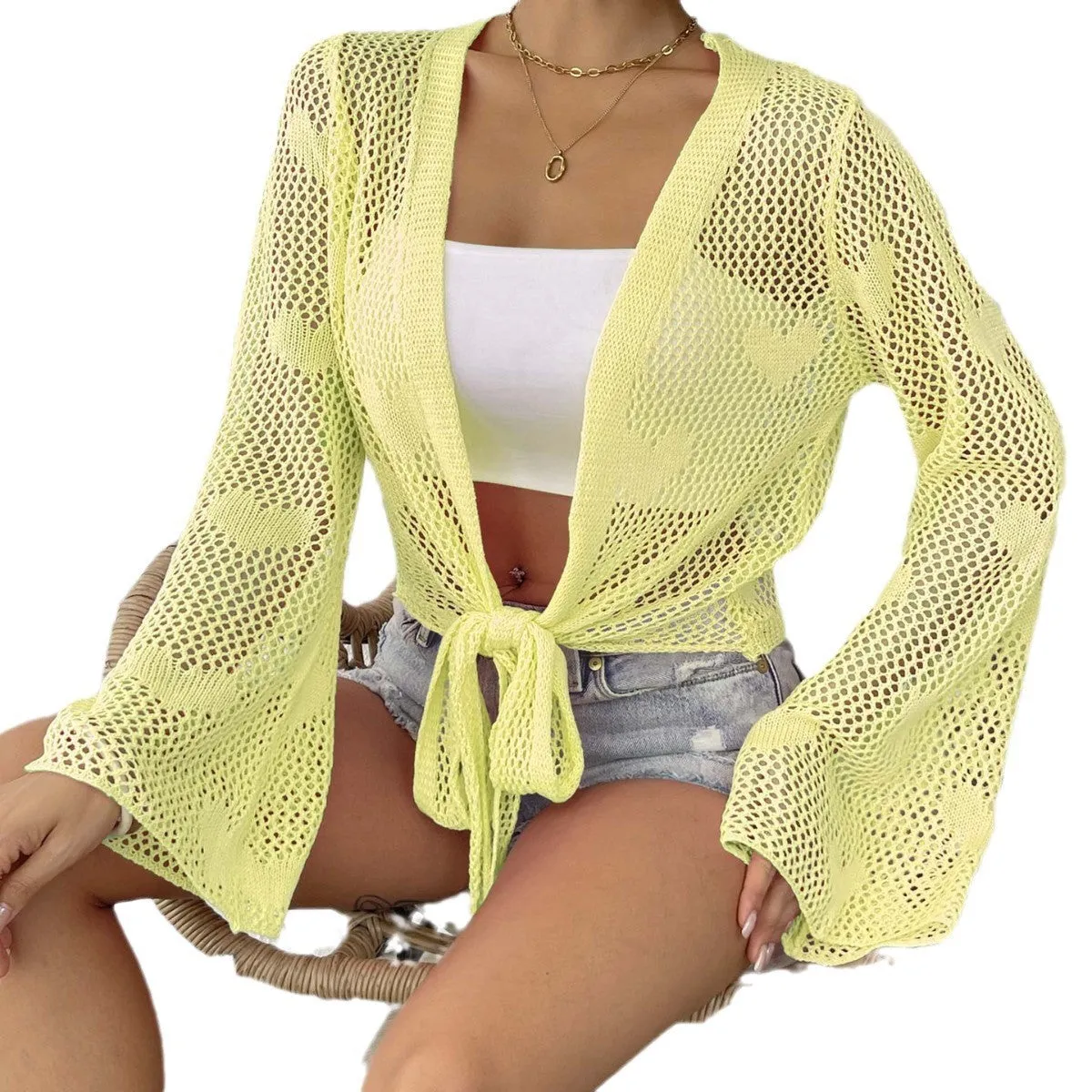 Lace-Up Bell Sleeve Cardigan