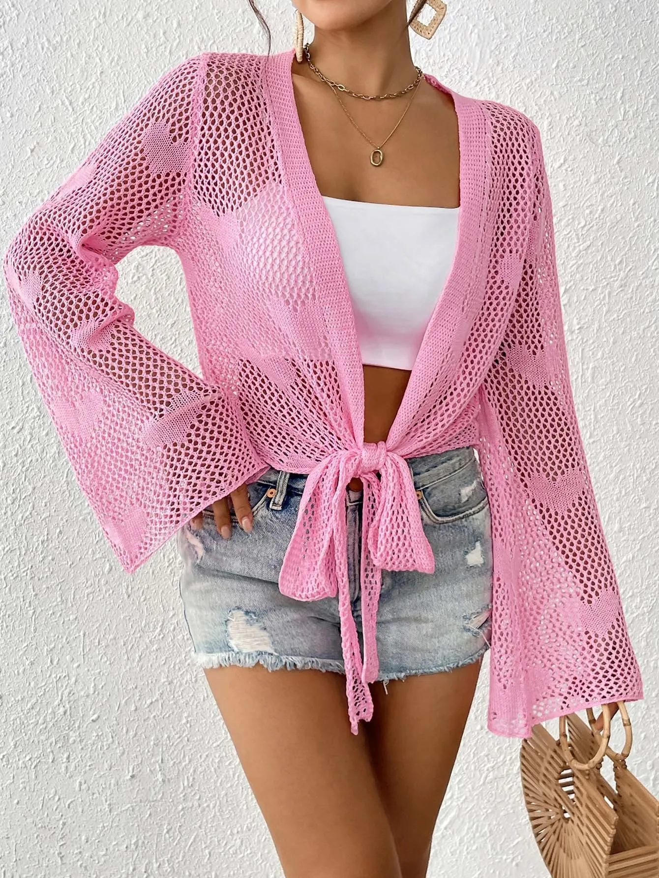 Lace-Up Bell Sleeve Cardigan