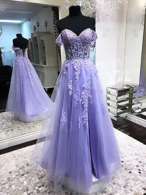 Lilac Long A-line Off the Shoulder Tulle Lace Formal Prom Dresses