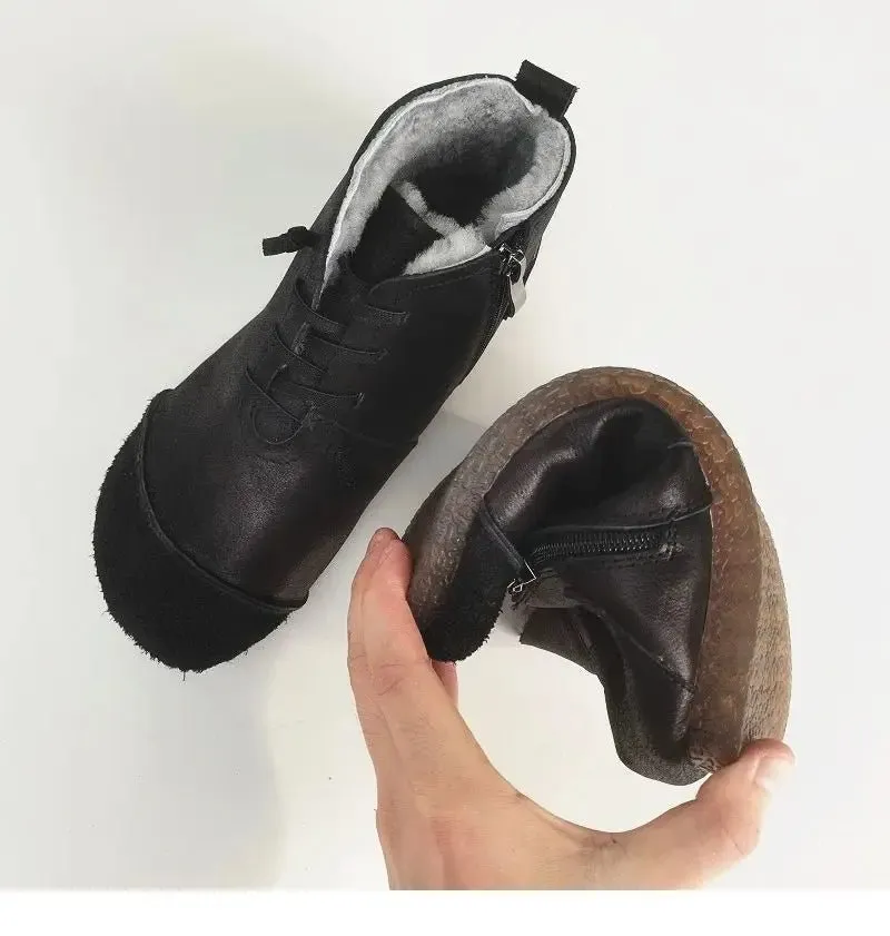 Luxury Genuine Leather Wool-Lined Women's Snow Boots - Thickened Warm, Lightweight High Top Boots