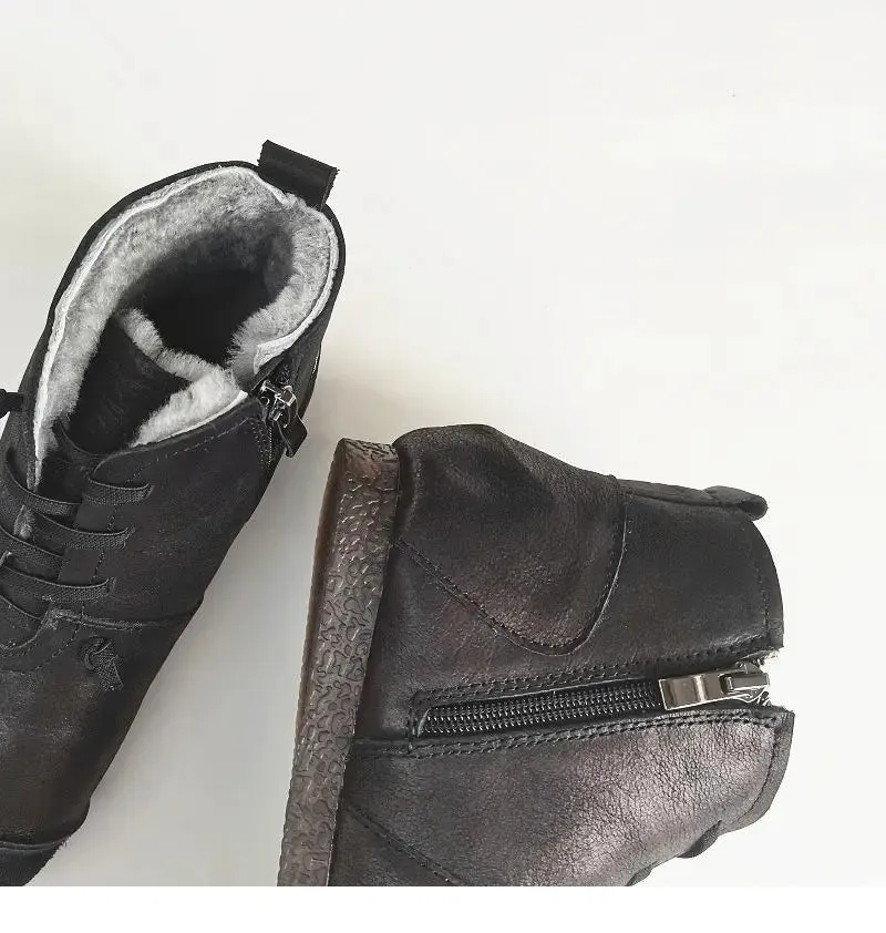 Luxury Genuine Leather Wool-Lined Women's Snow Boots - Thickened Warm, Lightweight High Top Boots