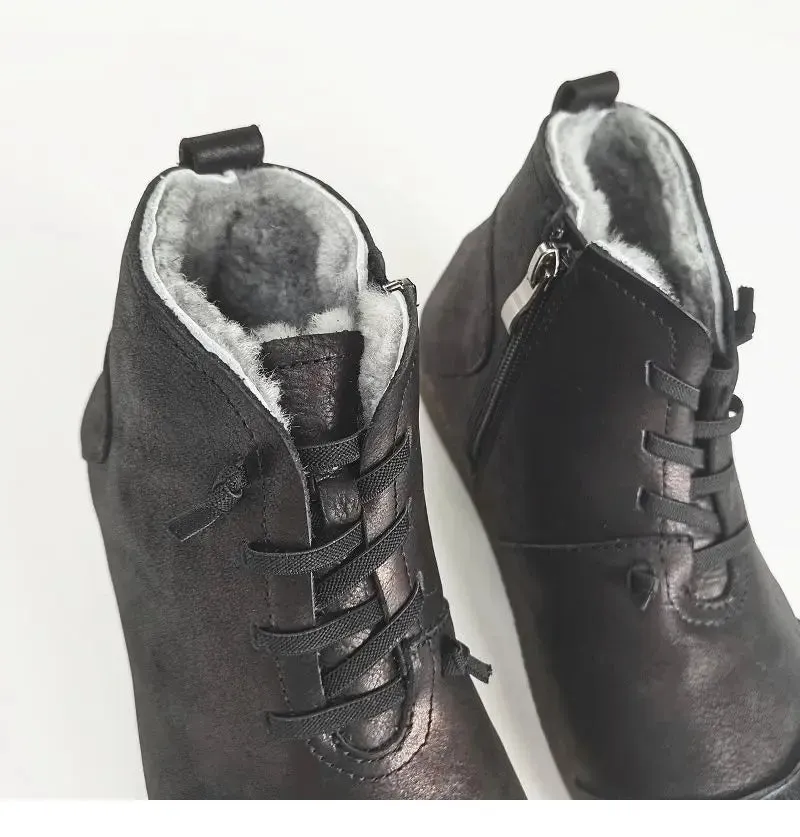 Luxury Genuine Leather Wool-Lined Women's Snow Boots - Thickened Warm, Lightweight High Top Boots