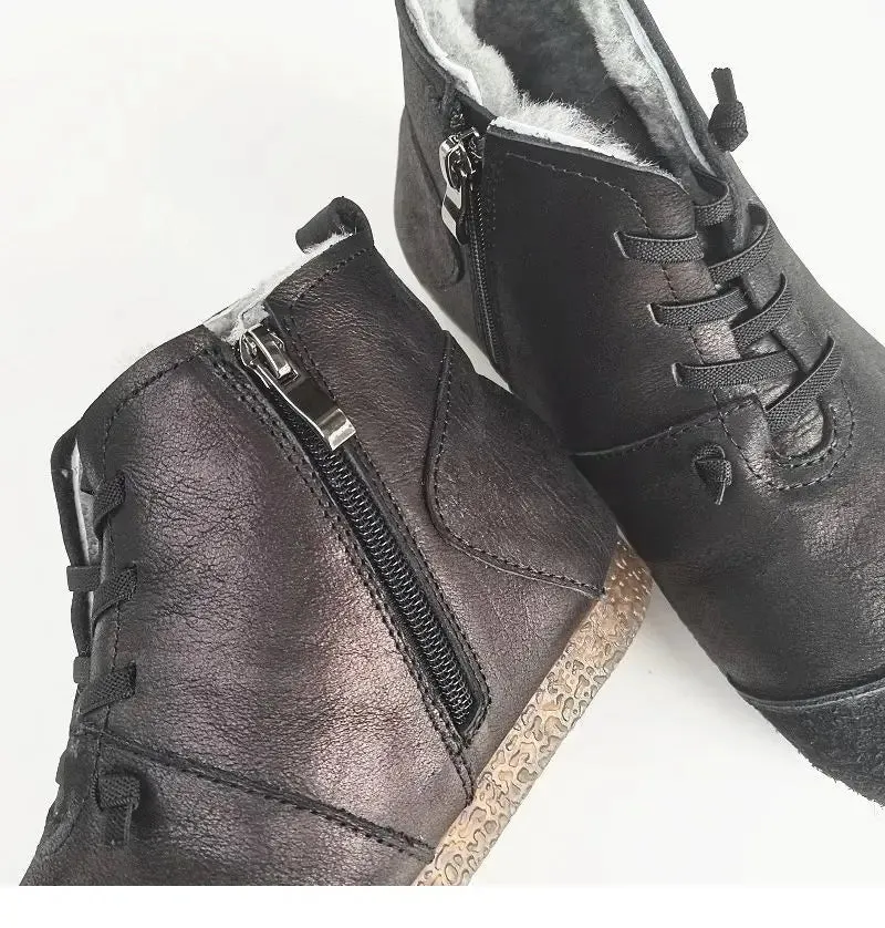 Luxury Genuine Leather Wool-Lined Women's Snow Boots - Thickened Warm, Lightweight High Top Boots