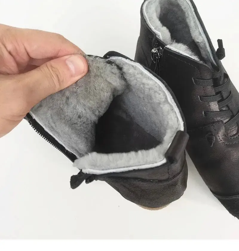 Luxury Genuine Leather Wool-Lined Women's Snow Boots - Thickened Warm, Lightweight High Top Boots