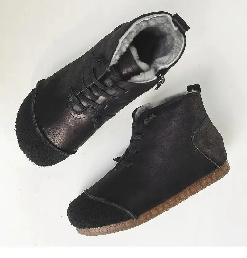 Luxury Genuine Leather Wool-Lined Women's Snow Boots - Thickened Warm, Lightweight High Top Boots