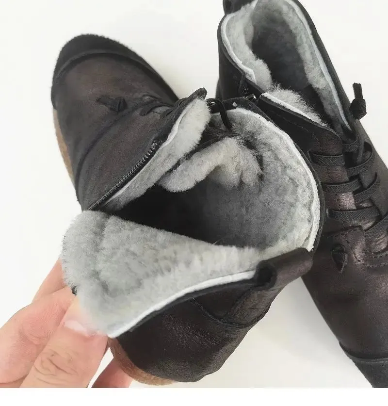 Luxury Genuine Leather Wool-Lined Women's Snow Boots - Thickened Warm, Lightweight High Top Boots
