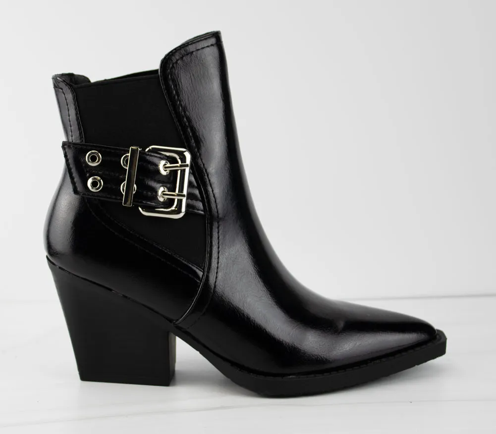 Mileage 1 Women's Faux Leather Buckle Embellished Block Ankle Boot