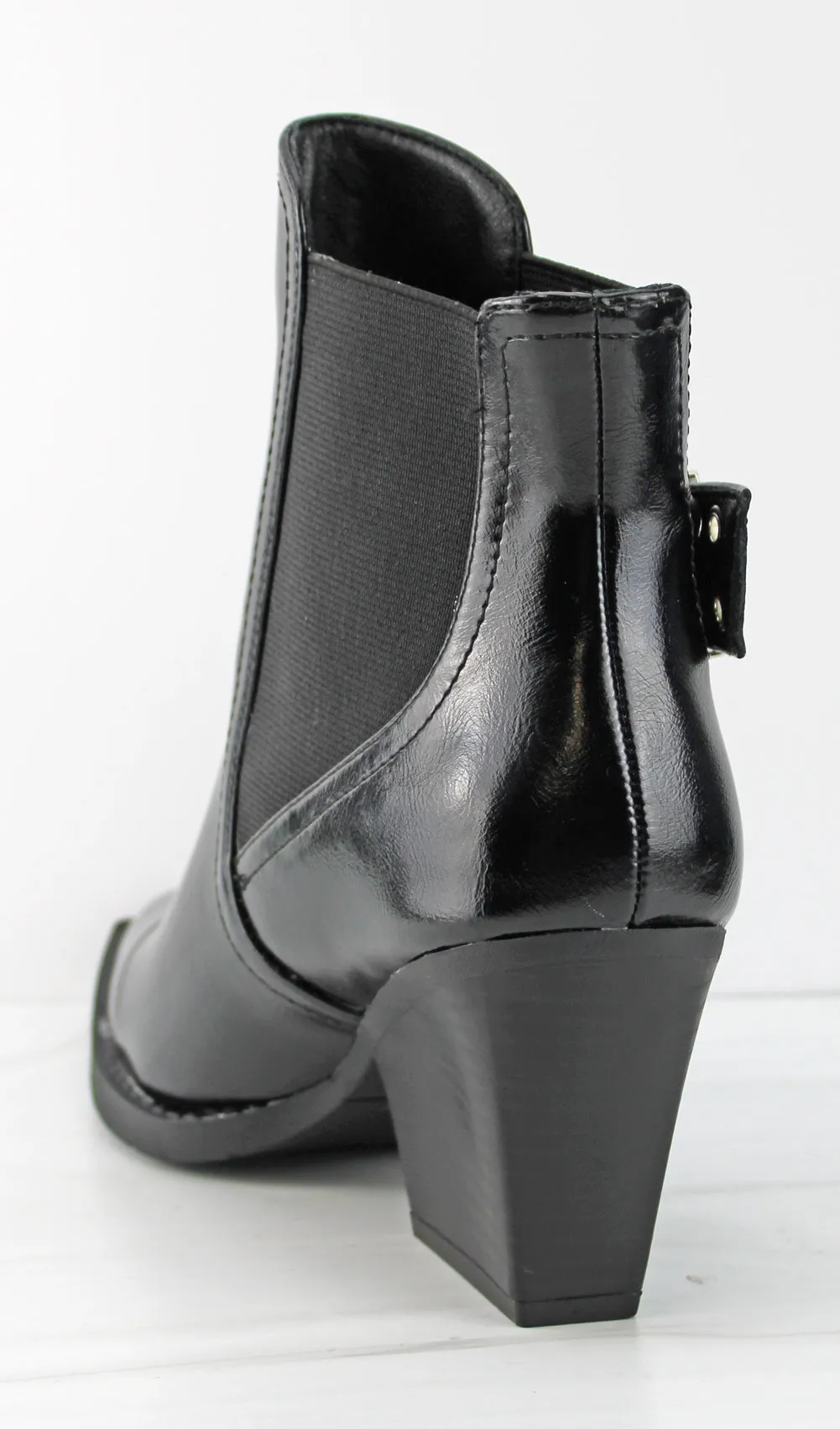 Mileage 1 Women's Faux Leather Buckle Embellished Block Ankle Boot