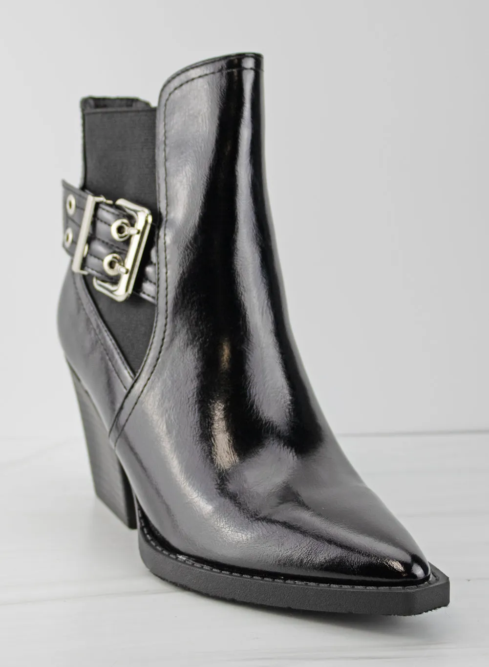 Mileage 1 Women's Faux Leather Buckle Embellished Block Ankle Boot