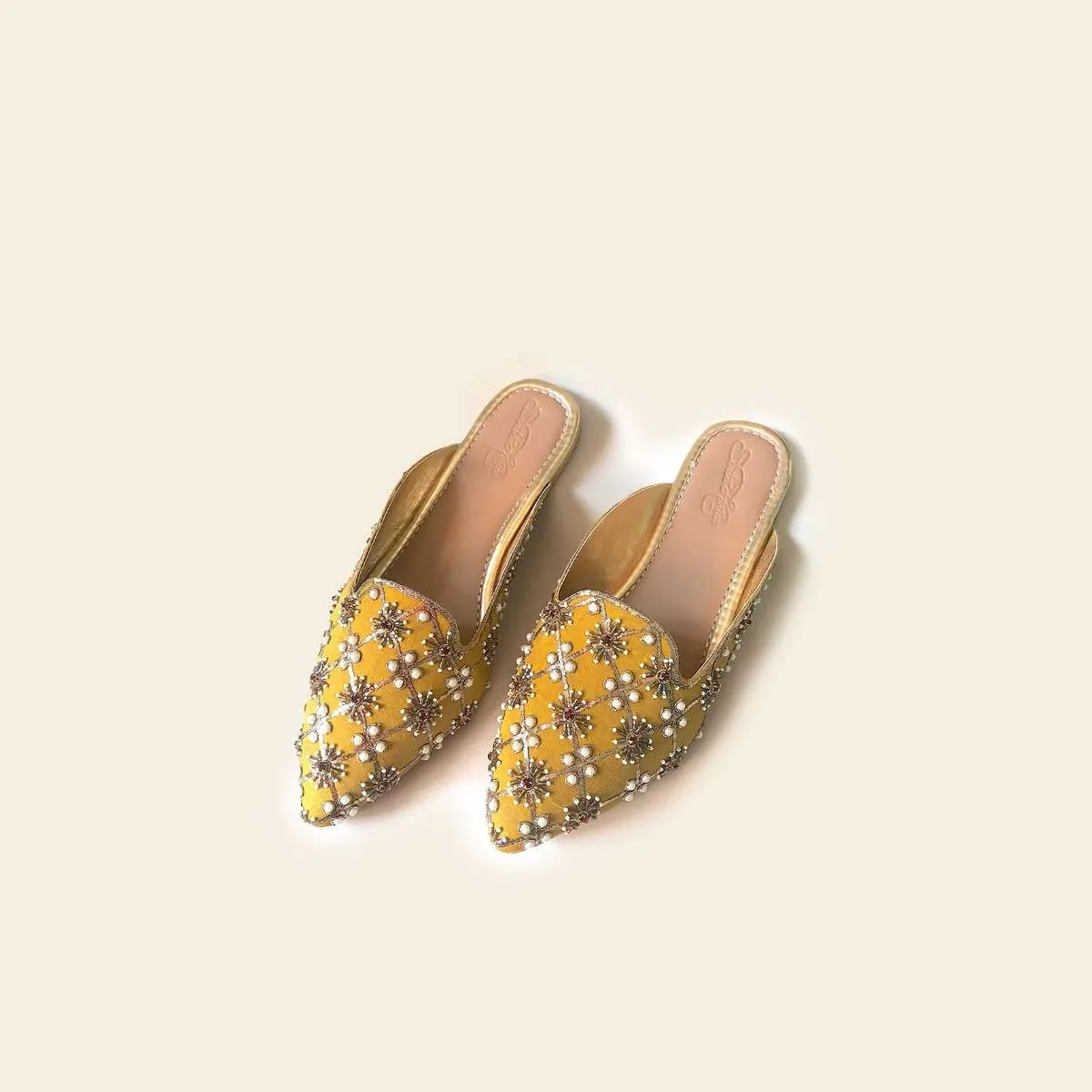 Mustard Yellow Mules With Maroon Swarovski And Moti Detailing By Sole House