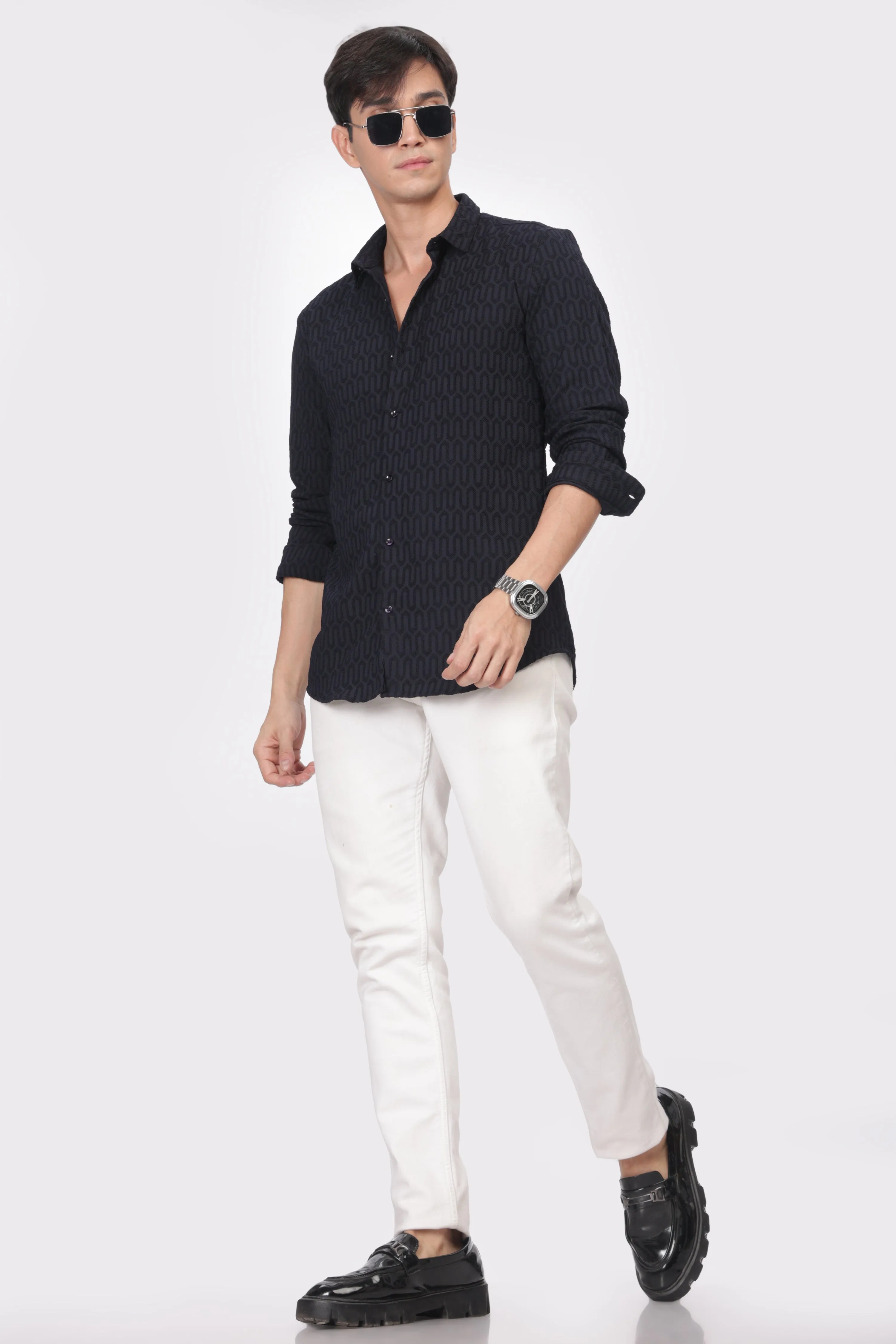 Navy Blue - Modern Fit Textured Shirt