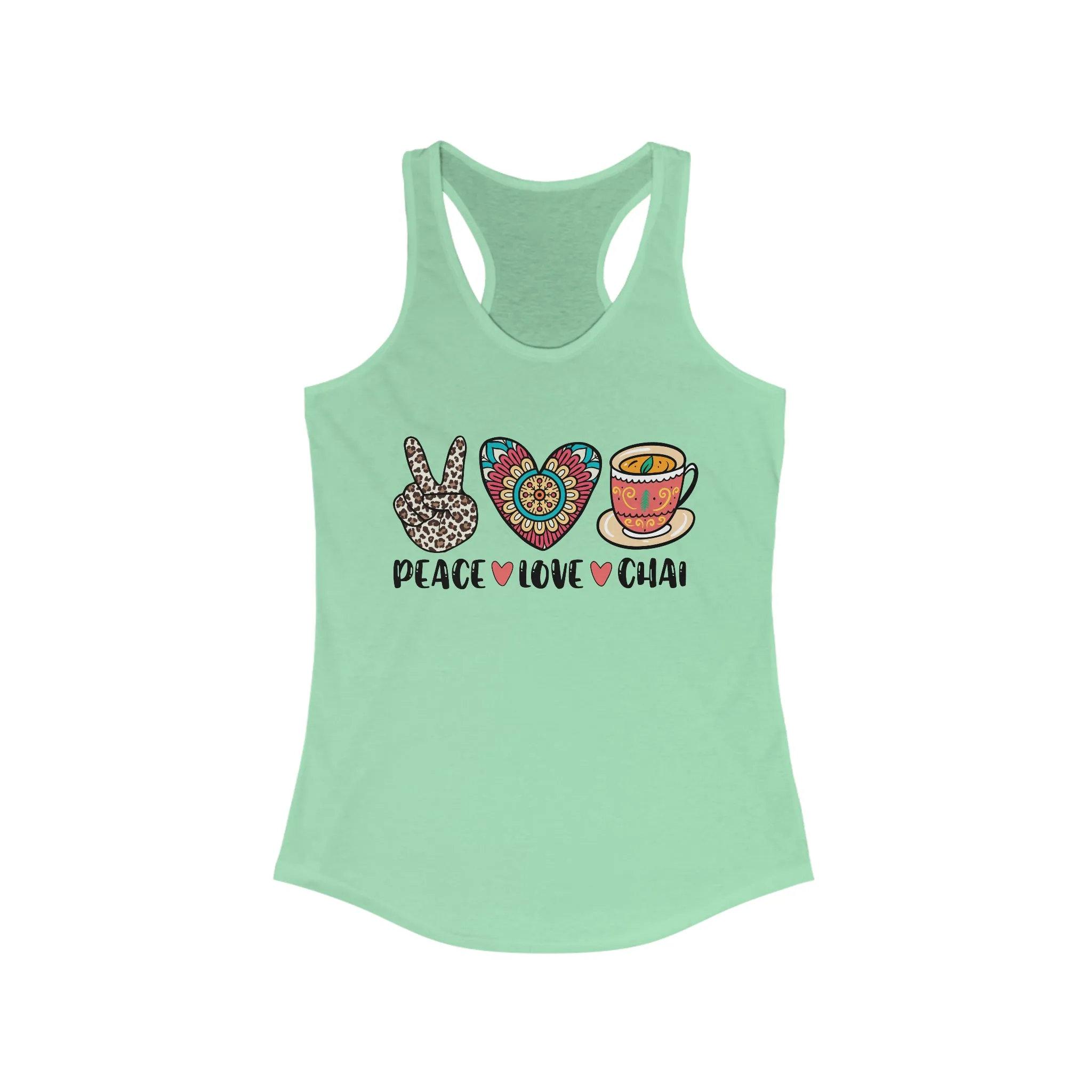 Peace Love Chai Tea Leopard Print Tea Shirt | Tea Lover Gift Indian Shirt | Women's Slim-fit Racerback Tank Top