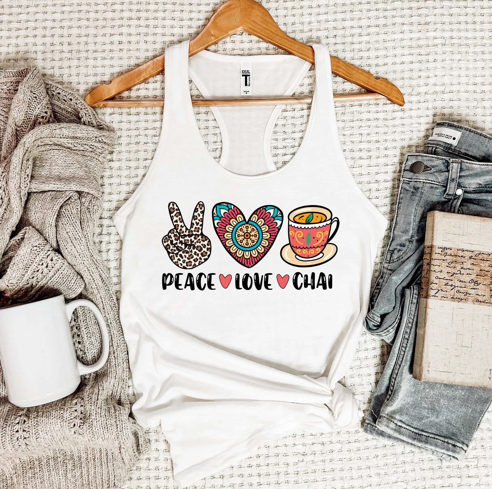 Peace Love Chai Tea Leopard Print Tea Shirt | Tea Lover Gift Indian Shirt | Women's Slim-fit Racerback Tank Top