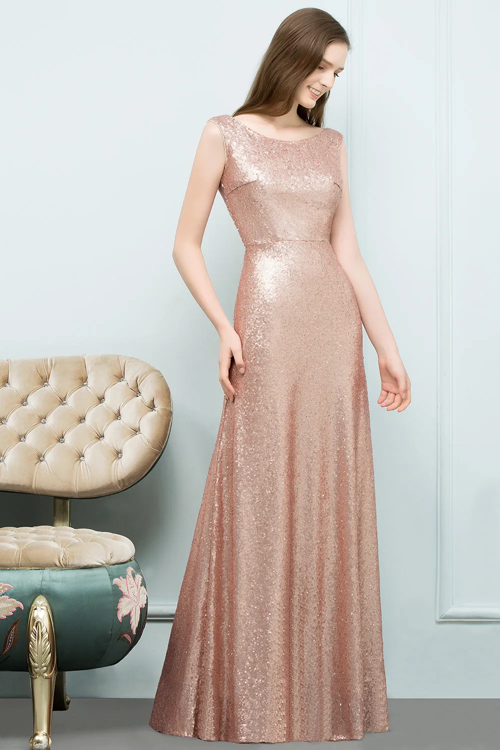 Pink Long A-line Sequined Scoop Sleeveless Bridesmaid Dress