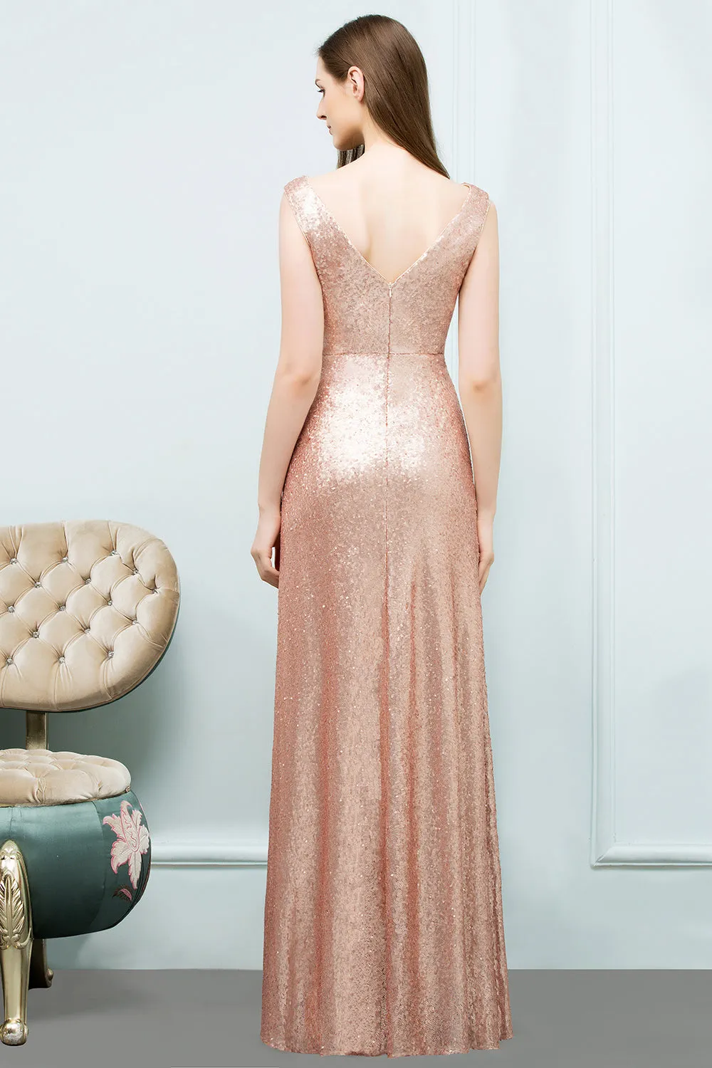 Pink Long A-line Sequined Scoop Sleeveless Bridesmaid Dress
