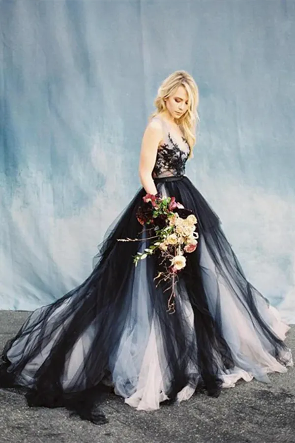 Promfast Chic A line Scoop Black Applique Tulle Evening Dress Wedding Dress PFW0605