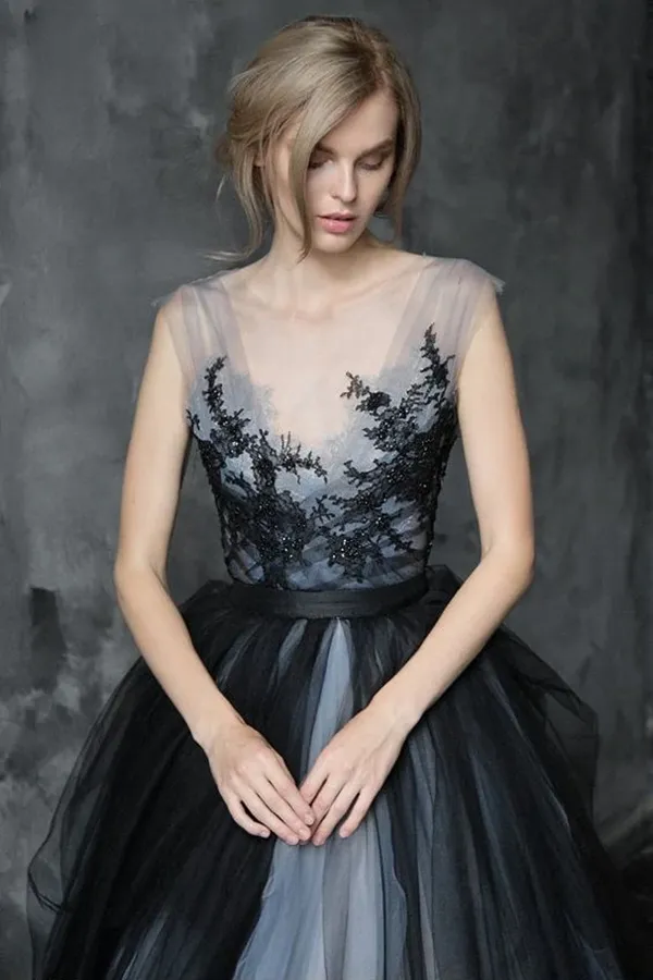 Promfast Chic A line Scoop Black Applique Tulle Evening Dress Wedding Dress PFW0605